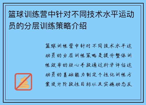 篮球训练营中针对不同技术水平运动员的分层训练策略介绍